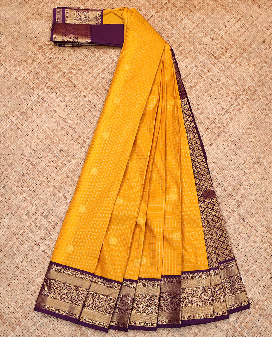 Yellow Budget Silk Saree, Graced with Zari Buttas and Micro-Checks, Complemented by a Contrast Traditional Zari Border, Jaal Pallu, and a Contrast Blouse