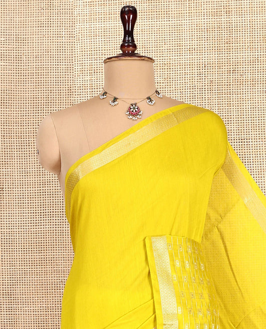Yellow Plain Assam Silk Saree, Highlighted by a Traditional Zari Border, Zari-Striped Pallu, and a Matching Blouse