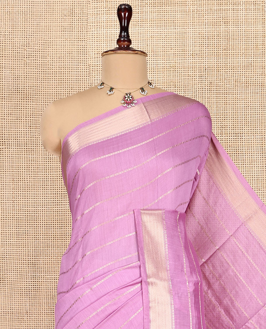 Pink Assam Silk Saree, Finely Crafted with Zari Stripes, a Traditional Zari Border, a Pallu Steeped with Zari Stripes, and a Contrast Blouse