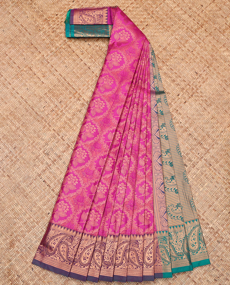 Rani Pink Budget Silk Saree, Accentuated with Jacquard, Complemented by Contrast Paisley Border, Pallu of Paisleys, and a Contrast Blouse