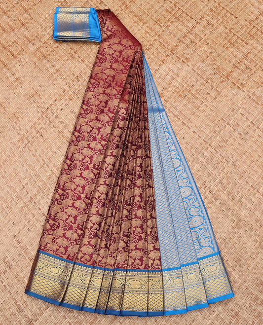 Maroon Budget Silk Saree, Embellished with a Jacquard Design, Complemented by a Contrast Zari Border, Intricate Pallu, and Contrast Blouse