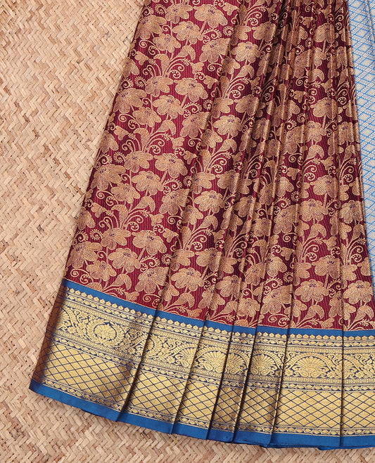Maroon Budget Silk Saree, Embellished with a Jacquard Design, Complemented by a Contrast Zari Border, Intricate Pallu, and Contrast Blouse