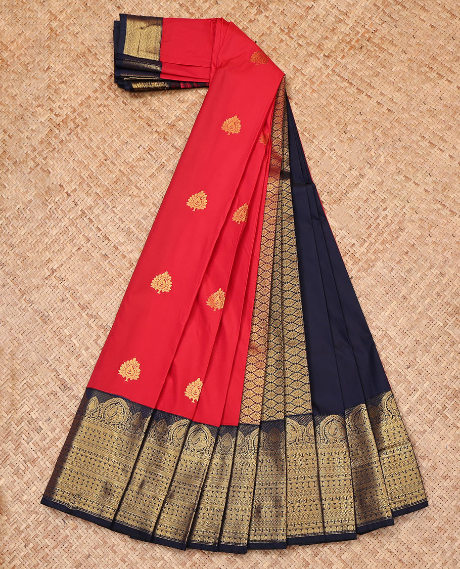 Red Budget Silk Saree, Beautifully Bedecked with Zari Buttas, Complemented by a Contrast Traditional Zari Border, Grand Pallu, and Contrast Blouse