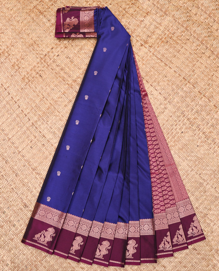 Blue Budget Silk Saree, Accentuated with Zari Buttas, Complemented by a Contrast Traditional Zari Border of Singam Designs, Grand Pallu, and a Contrast Blouse