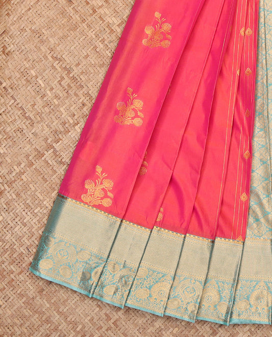 Pink Budget Silk Saree, Detailed with Zari Buttas, Complemented by a Contrast Traditional Zari Border, Grand Jaal Pallu, and a Contrast Blouse