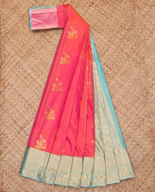 Pink Budget Silk Saree, Detailed with Zari Buttas, Complemented by a Contrast Traditional Zari Border, Grand Jaal Pallu, and a Contrast Blouse