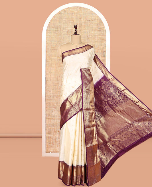 Cream Budget Silk Saree, Enthralled with Zari Buttas, Complemented by a Contrast Traditional Zari Border, Grand Pallu, and a Contrast Blouse