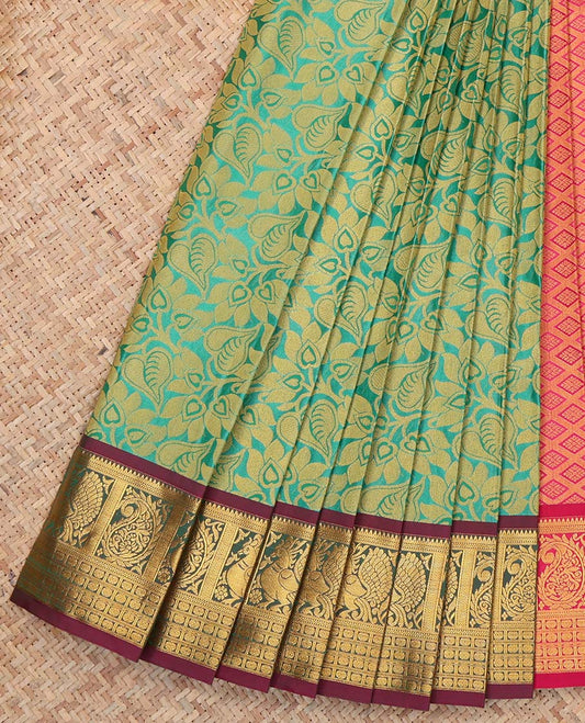 Green Budget Silk Saree, Accentuated with Floral Vine Design, Complemented by Contrast Peacock and Paisley Zari Border, a Jaal Pallu and a Contrast Blouse