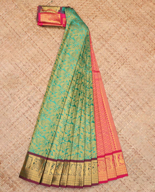 Green Budget Silk Saree, Accentuated with Floral Vine Design, Complemented by Contrast Peacock and Paisley Zari Border, a Jaal Pallu and a Contrast Blouse