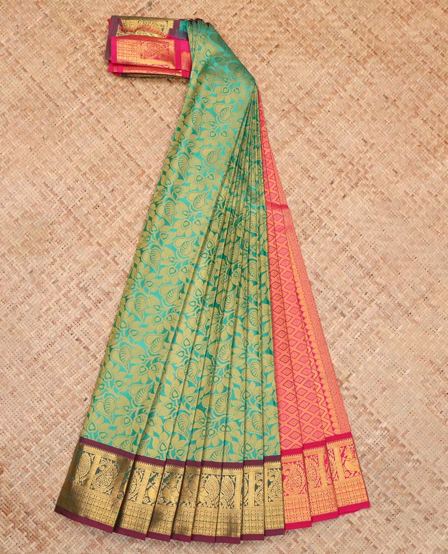 Green Budget Silk Saree, Accentuated with Floral Vine Design, Complemented by Contrast Peacock and Paisley Zari Border, a Jaal Pallu and a Contrast Blouse