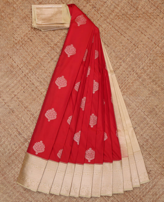 Red Budget Silk Saree, Elevated with Zari Buttas, a Contrast Traditional Border, Grand Pallu, and a Contrast Blouse