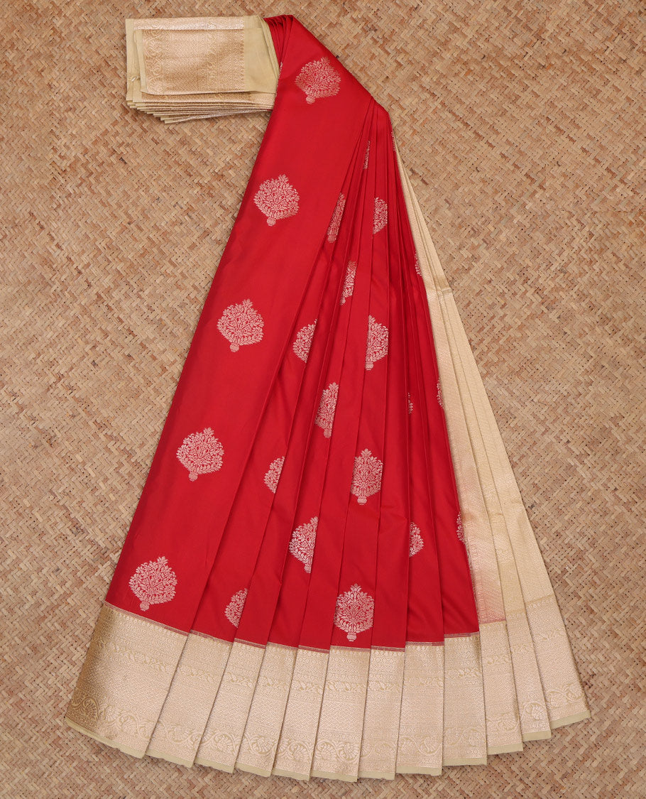 Red Budget Silk Saree, Elevated with Zari Buttas, a Contrast Traditional Border, Grand Pallu, and a Contrast Blouse