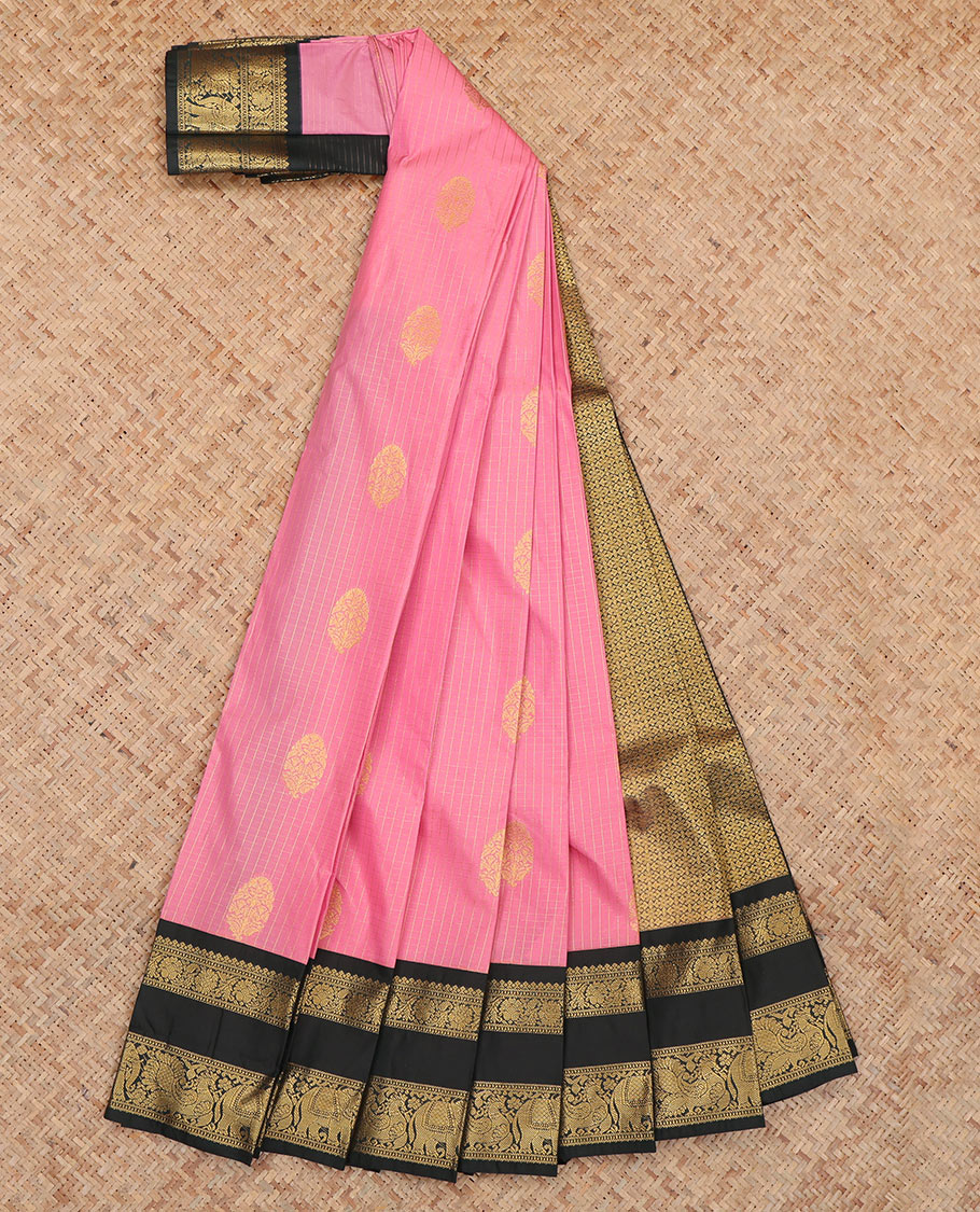 Pink Budget Silk Saree, Ornamented with Zari Buttas and Checks, Complemented by Contrast Traditional Rettai Pettu Border, a Jaal Pallu and a Contrast Blouse