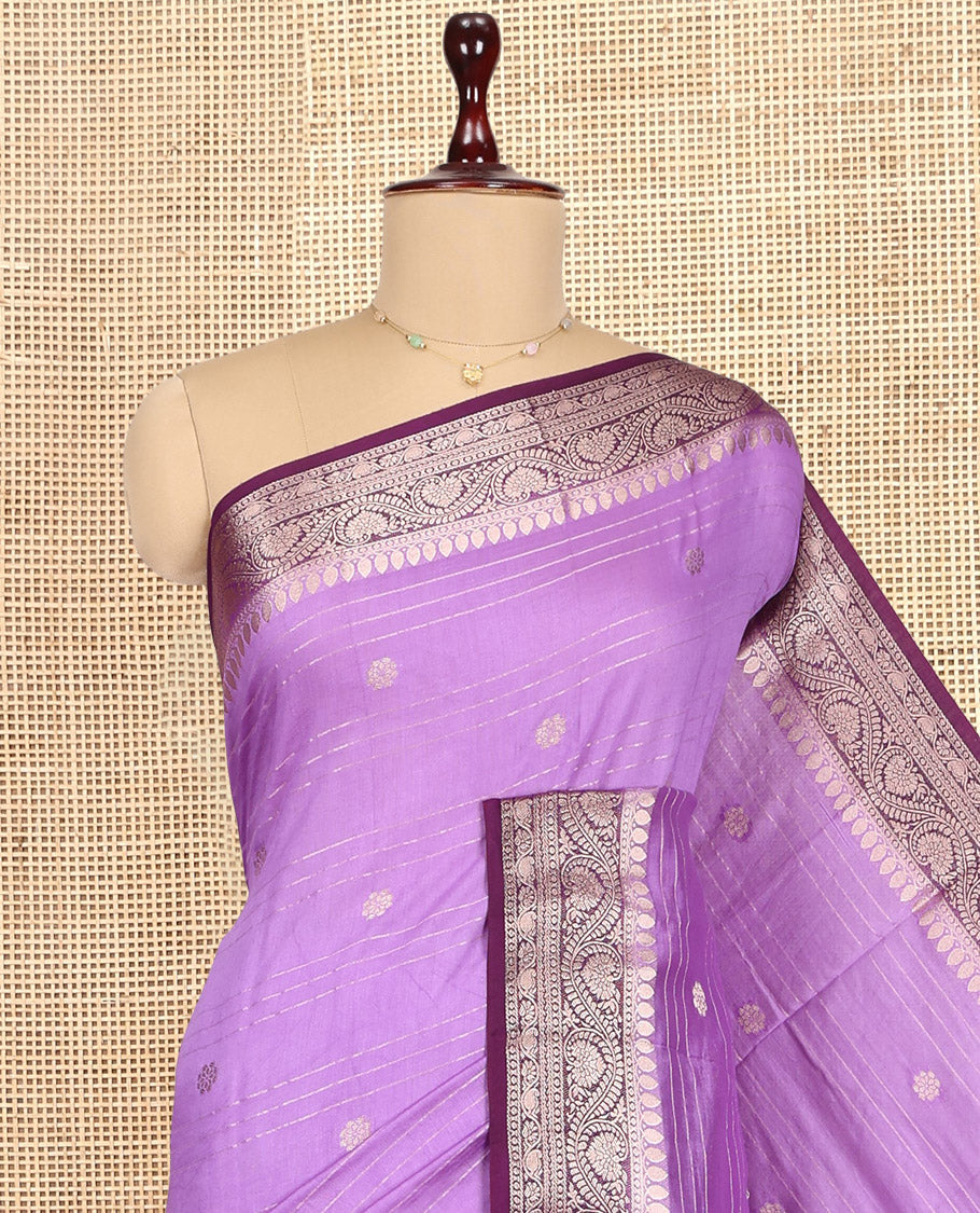 Lavender Assam Silk Saree, Decked Up with  Zari Buttas and Stripes, Complemented by Contrast Floral Creeper Zari Border,  Zari Woven Pallu, and Contrast Blouse
