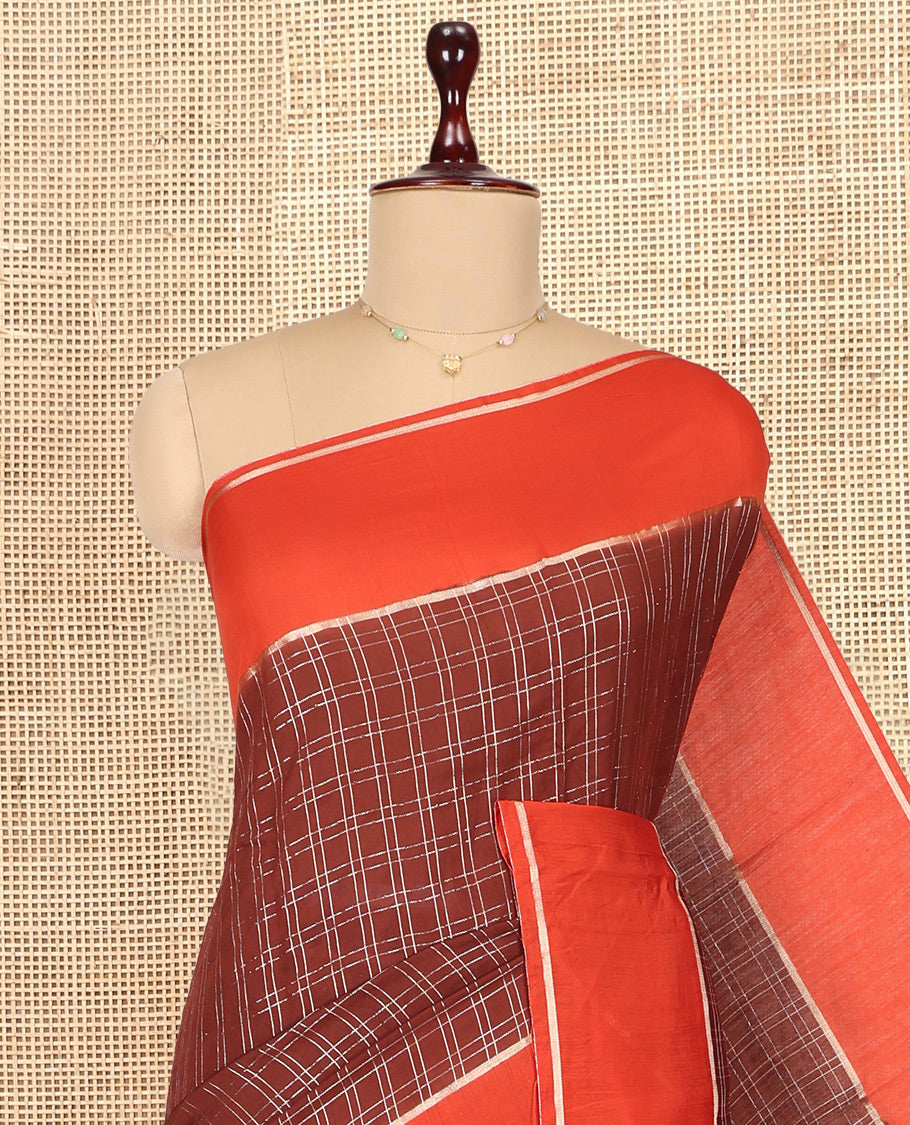 Brown Assam Silk Saree, Accentuated with Zari Checks, Complemented by Contrast Zari Border,  Zari Woven Pallu, and Contrast Blouse