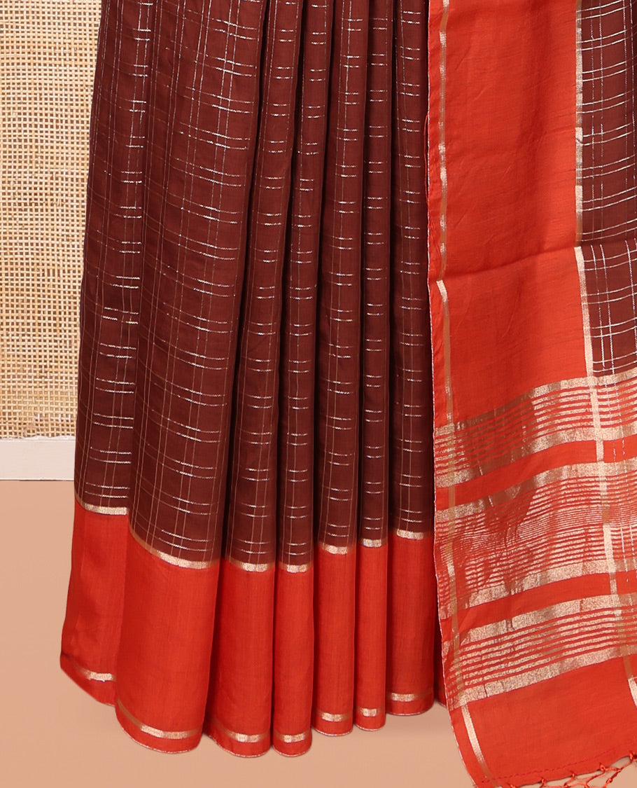 Brown Assam Silk Saree, Accentuated with Zari Checks, Complemented by Contrast Zari Border,  Zari Woven Pallu, and Contrast Blouse