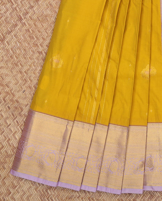 Yellow Budget Silk Saree, Ornamented with Zari Buttas and Stripes, Complemented by a Contrast Traditional Zari Border, Grand Jaal Pallu, and Contrast Blouse