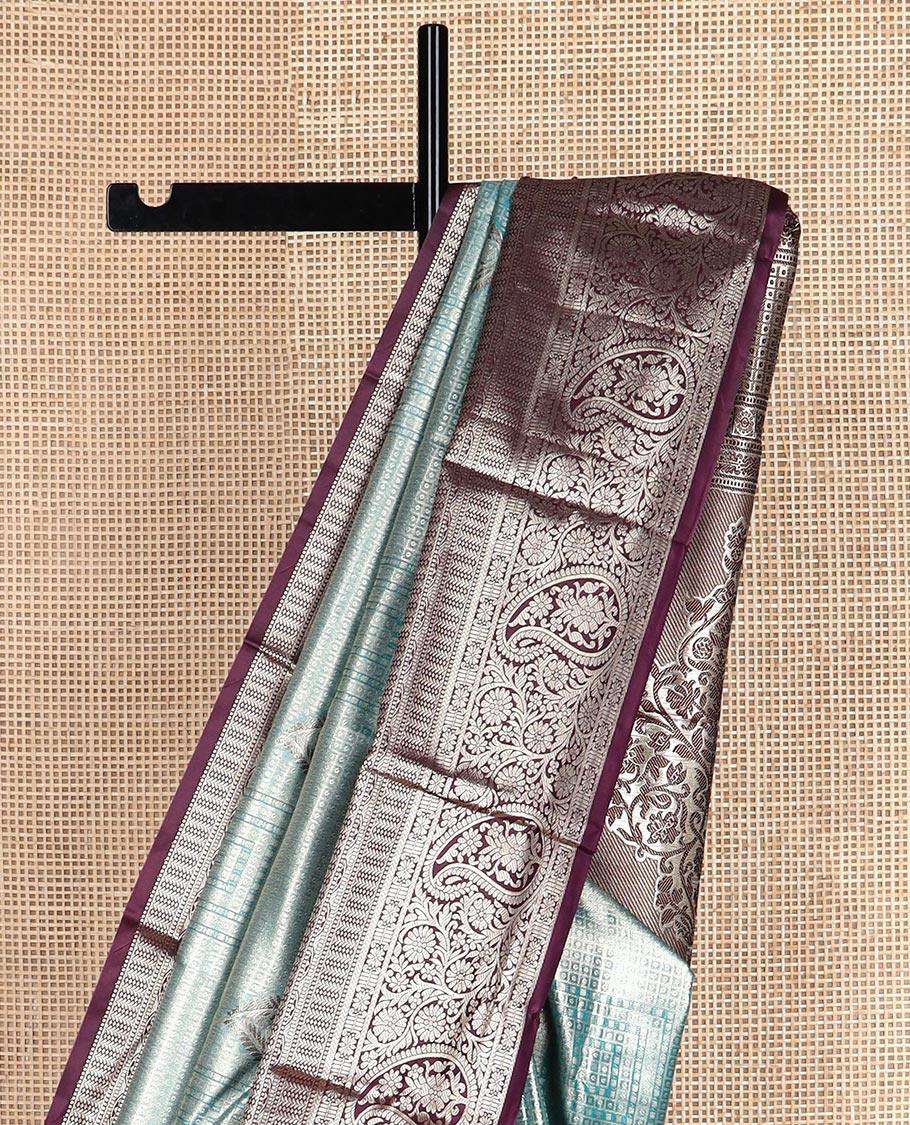 Blue geometric jacquard budget silk saree, contrast traditional zari border of floral jaal design and Mughal floral design pallu