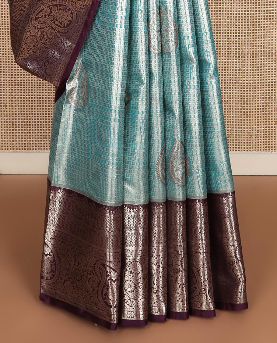 Blue geometric jacquard budget silk saree, contrast traditional zari border of floral jaal design and Mughal floral design pallu