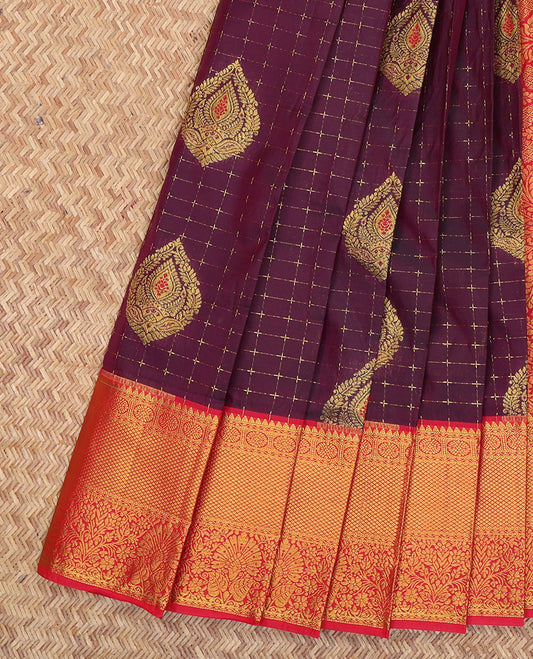Maroon Budget Silk Saree, Decorated with Zari Buttas and Checks, a Contrast Traditional Zari Border, Grand Pallu, and a Contrast Blouse