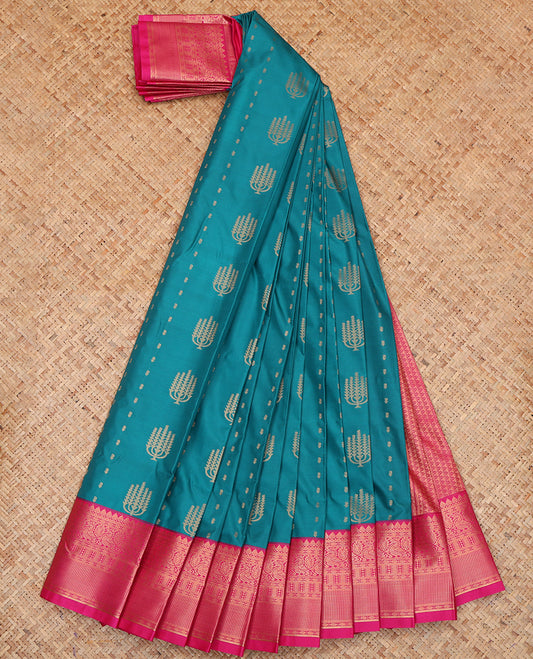 Blue Budget Silk Saree, Embellished with Zari Buttas, a Contrast Traditional Zari Border, Grand Pallu, and a Contrast Blouse