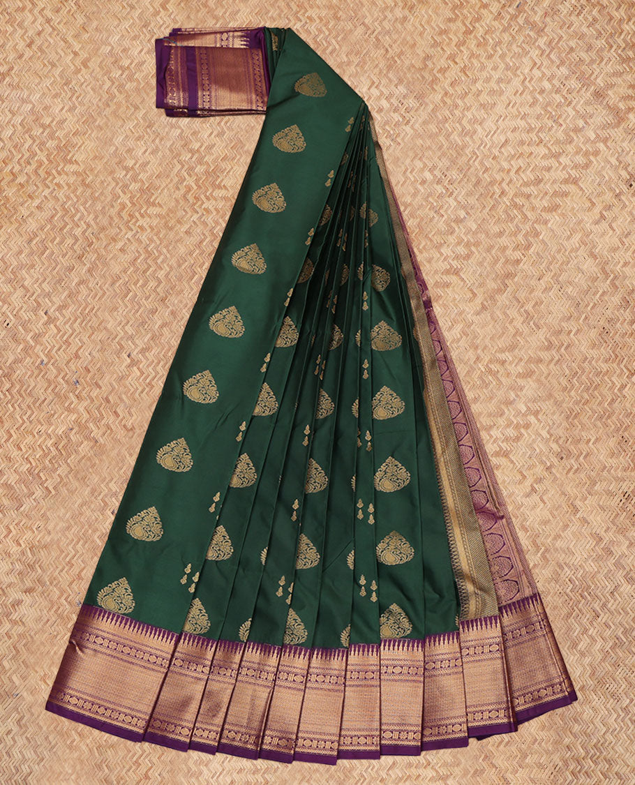 Green Budget Silk Saree, Ornamented with Zari Buttas, a Contrast Traditional Zari Border, Intricate Pallu, and a Contrast Blouse