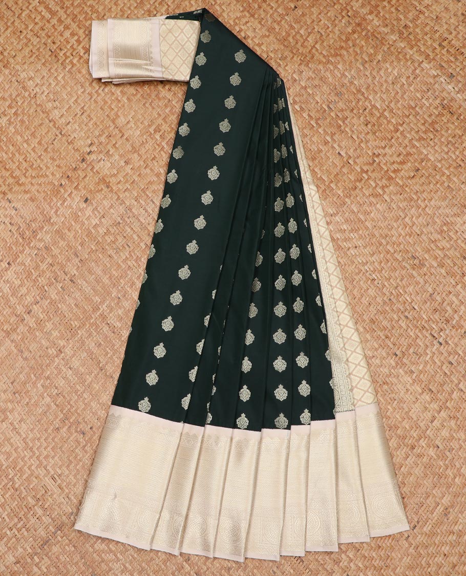 Green zari buttas gift saree, contrast traditional zari design border, and jaal pallu