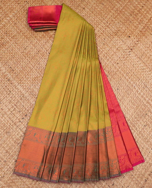 Green jacquard gift saree, contrast traditional zari design border, and zari design pallu