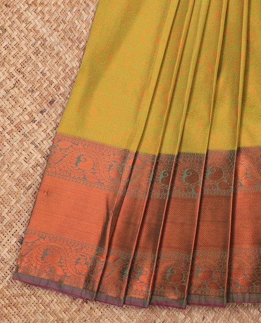 Green jacquard gift saree, contrast traditional zari design border, and zari design pallu