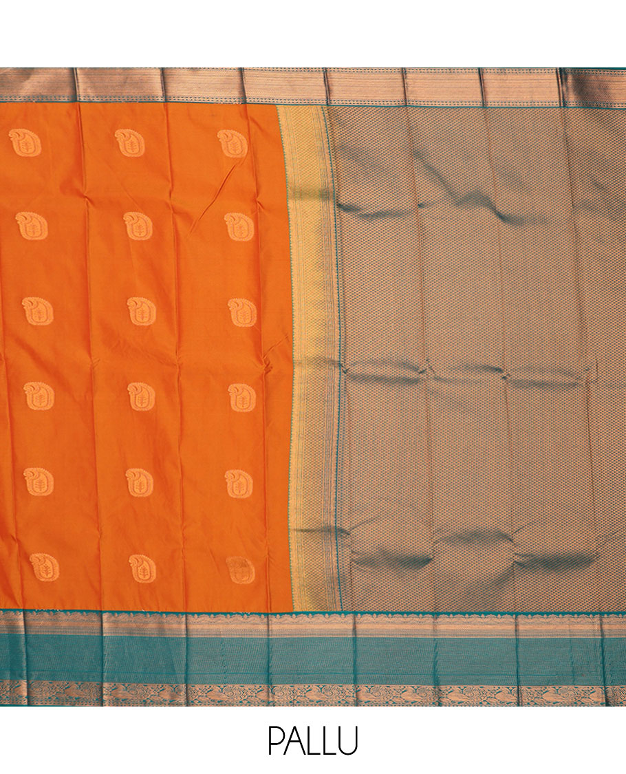 Orange manga buttas gift saree, contrast traditional zari designs border, and jaal pallu