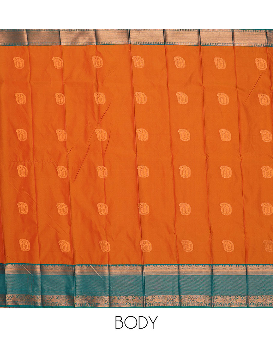 Orange manga buttas gift saree, contrast traditional zari designs border, and jaal pallu