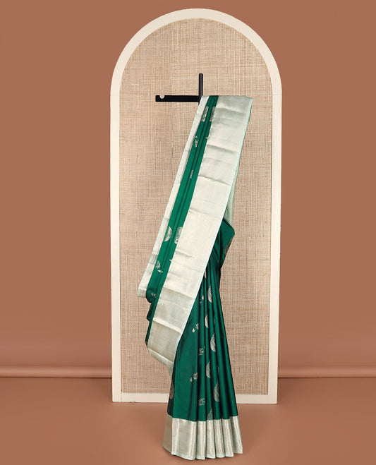 Green zari buttas gift saree, contrast traditional zari design border, and jaal pallu