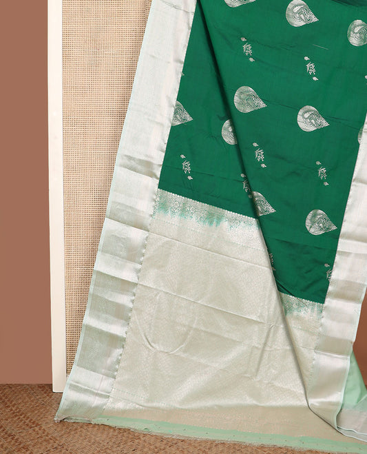 Green zari buttas gift saree, contrast traditional zari design border, and jaal pallu