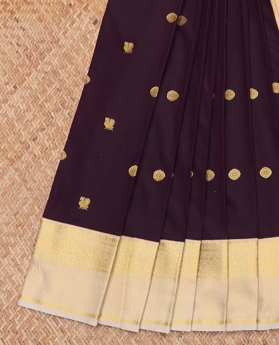 Purple peacock chakra zari buttas gift saree, contrast traditional zari design rettai pettu border, and jaal pallu