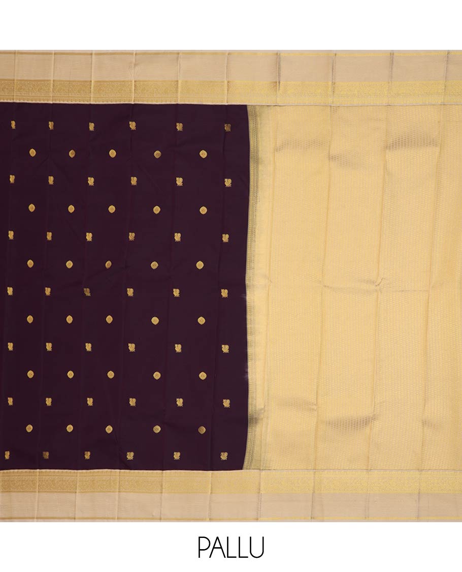Purple peacock chakra zari buttas gift saree, contrast traditional zari design rettai pettu border, and jaal pallu