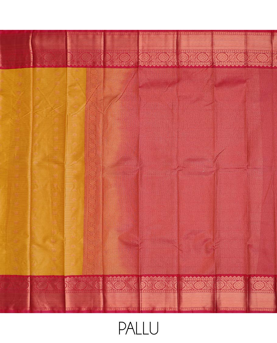 Yellow striped and peacock chakra buttas gift saree, contrast traditional zari design border, and jaal pallu