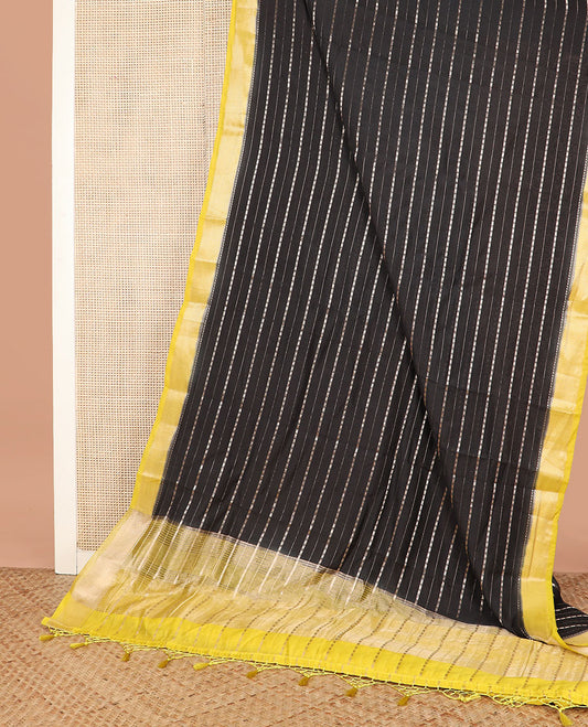 Black zari design assam silk saree, contrast traditional zari border, and zari striped pallu