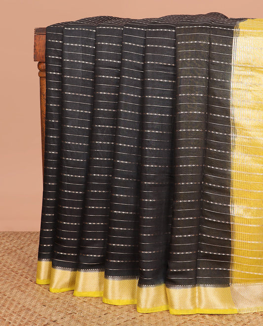 Black zari design assam silk saree, contrast traditional zari border, and zari striped pallu
