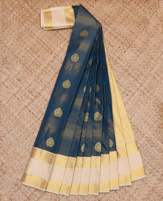 Blue Budget Silk Saree Embellished with Zari Buttas and Zari Stripes, Complemented by a Contrast Traditional Zari Design Rettai Pettu Border, Jaal Pallu, and a Contrast Zari-Bordered Blouse