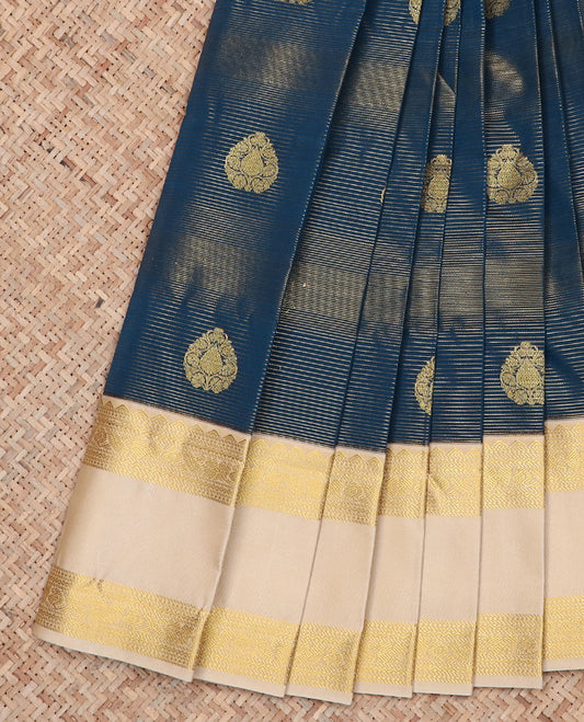 Blue Budget Silk Saree Embellished with Zari Buttas and Zari Stripes, Complemented by a Contrast Traditional Zari Design Rettai Pettu Border, Jaal Pallu, and a Contrast Zari-Bordered Blouse