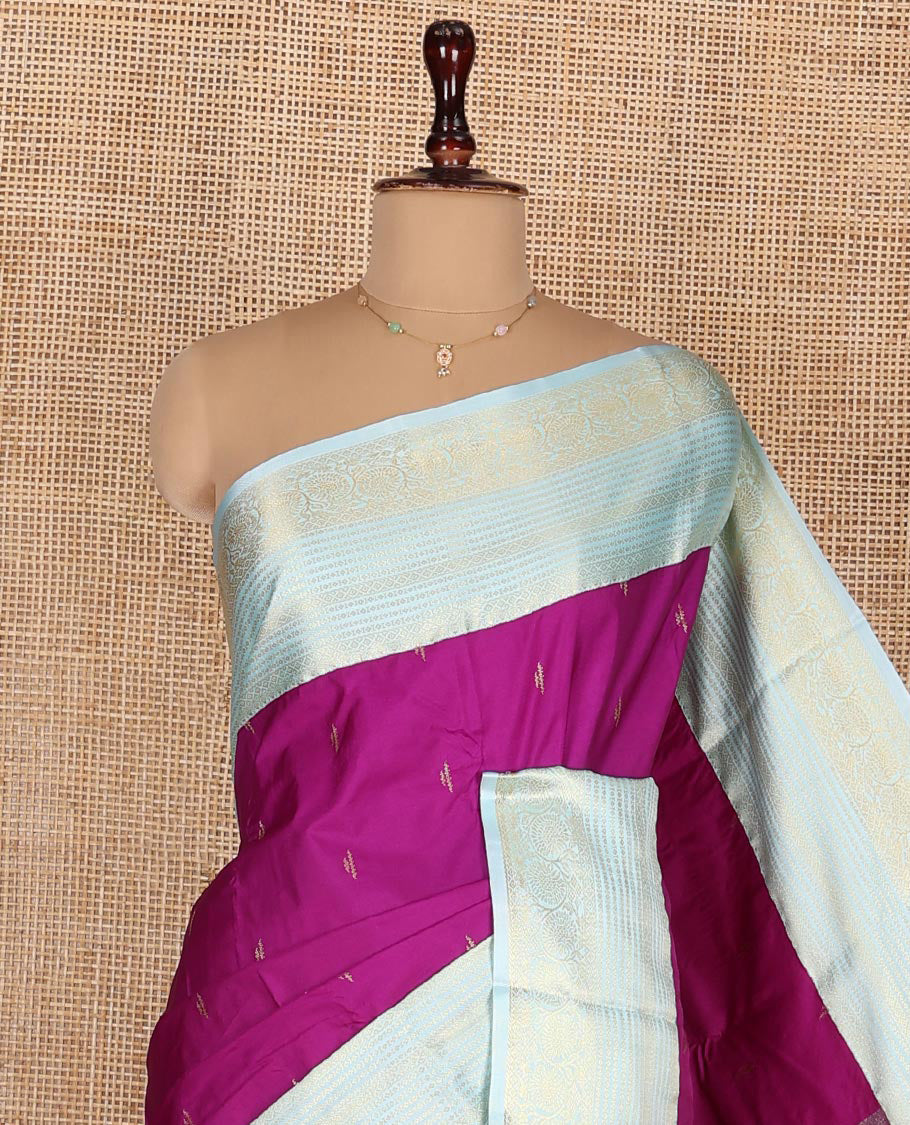 Purple Budget Silk Saree, Enriched with Zari Buttas on Its Body, Complemented by a Contrast Traditional Zari Design Border, Pallu Depicts Jaal Designs, and Paired with a Contrast Blouse