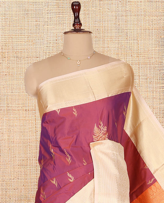 Red Budget Silk Saree, Detailed with Leaf Zari Buttas on Its Body, Complemented by a Contrast Traditional Zari Design Border, Intricate Pallu, and Paired with a Contrast Blouse