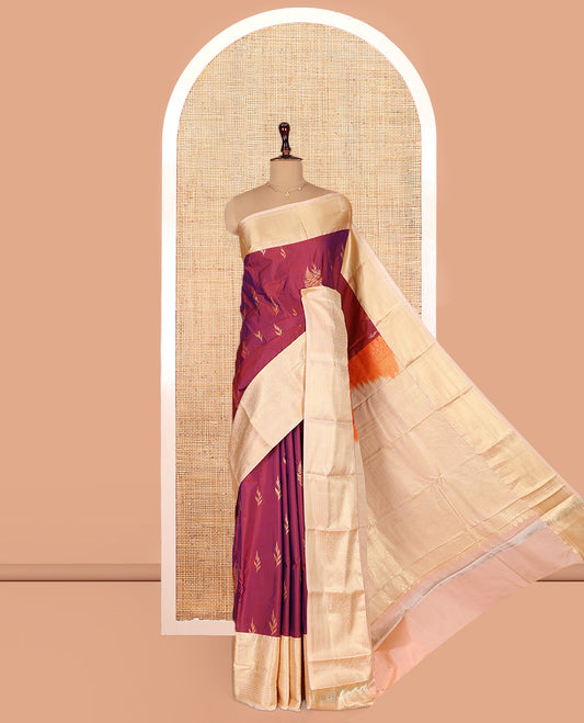 Red Budget Silk Saree, Detailed with Leaf Zari Buttas on Its Body, Complemented by a Contrast Traditional Zari Design Border, Intricate Pallu, and Paired with a Contrast Blouse