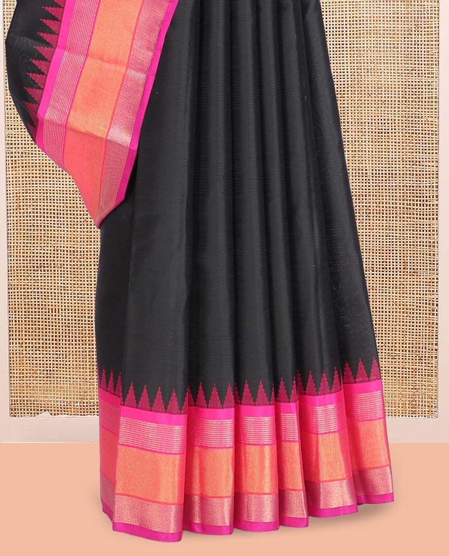 Black Plain Bangalore Silk Saree, Complemented by a Contrast Temple Ganga-Jamuna Border, Zari Striped Pallu, and Contrast Blouse