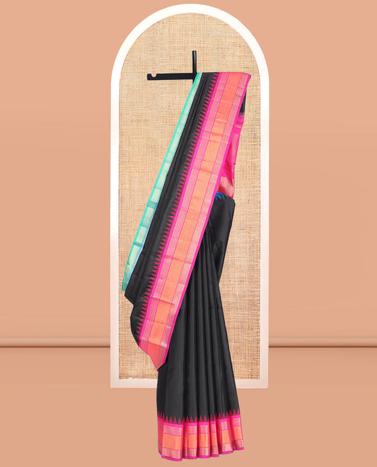 Black Plain Bangalore Silk Saree, Complemented by a Contrast Temple Ganga-Jamuna Border, Zari Striped Pallu, and Contrast Blouse