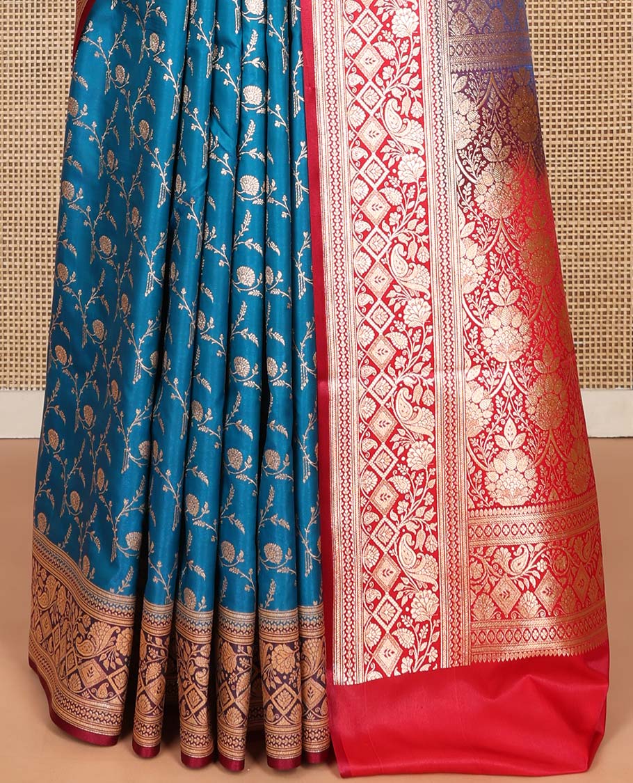 Blue Semi-Banaras Saree, Mesmerized with Jaal Jacquard on Its Body, Complemented by a Contrast Floral, Paisley, and Geometric Design Border, Intricately Designed Pallu, and Paired with a Contrast Blouse