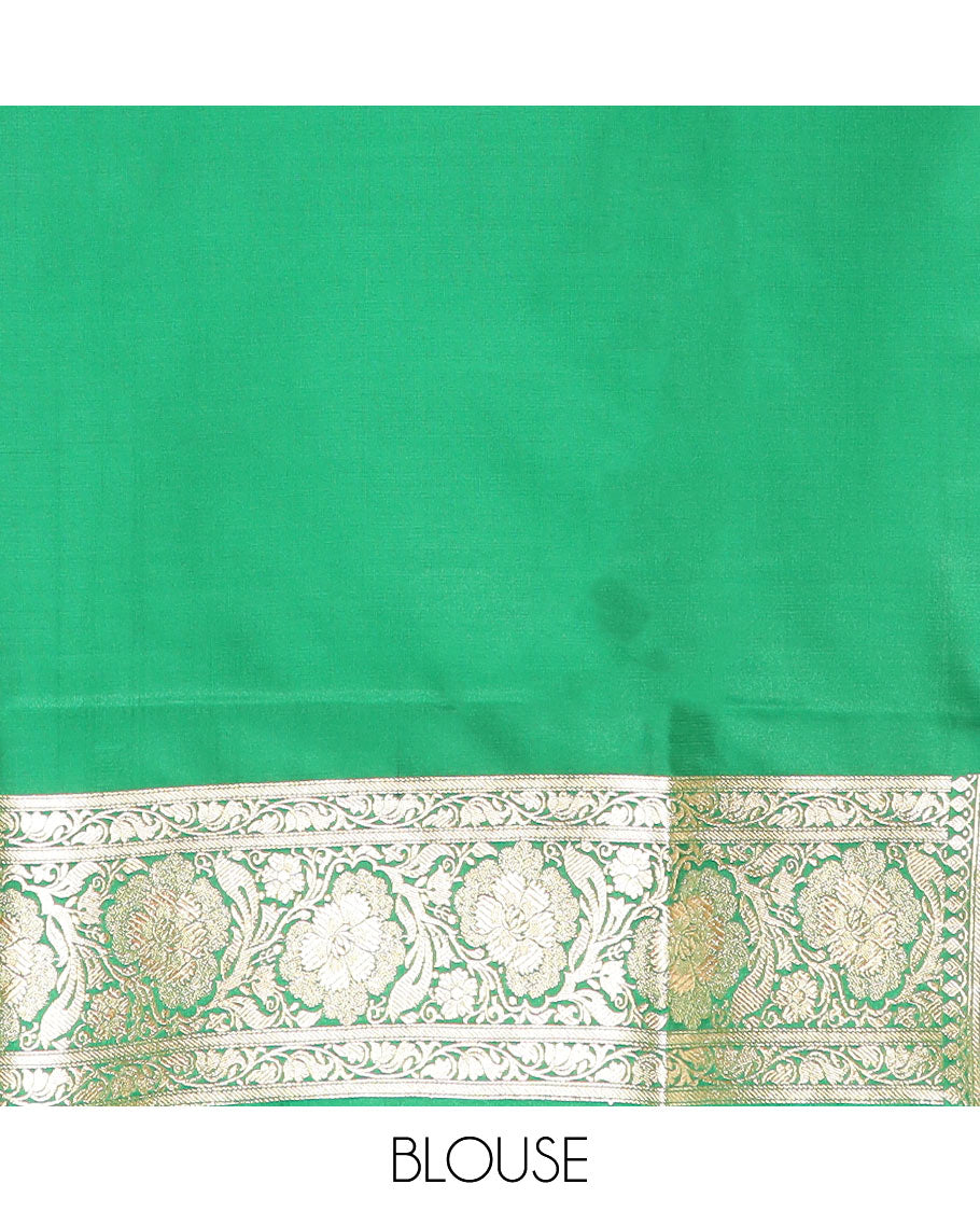 Red zari buttas and leaf vine banarasi silk saree, contrast floral creeper design border, and intricately patterned pallu