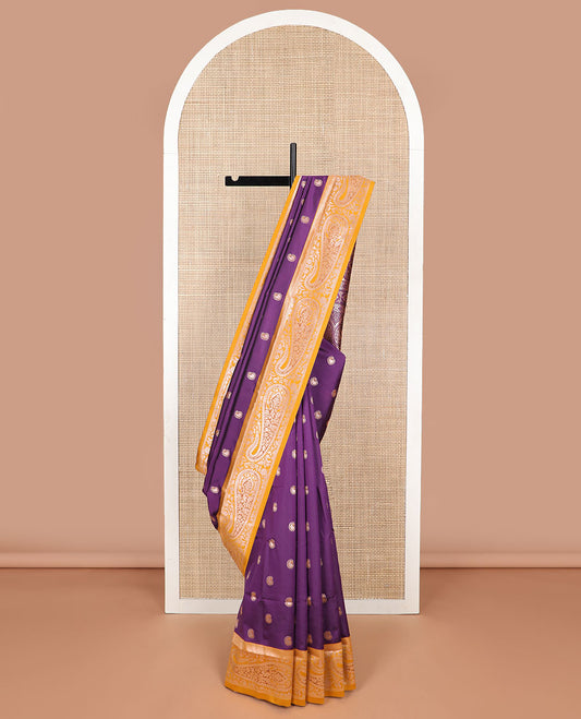 Violet paisley design butter silk saree with contrast paisley zari design border & floral design pallu