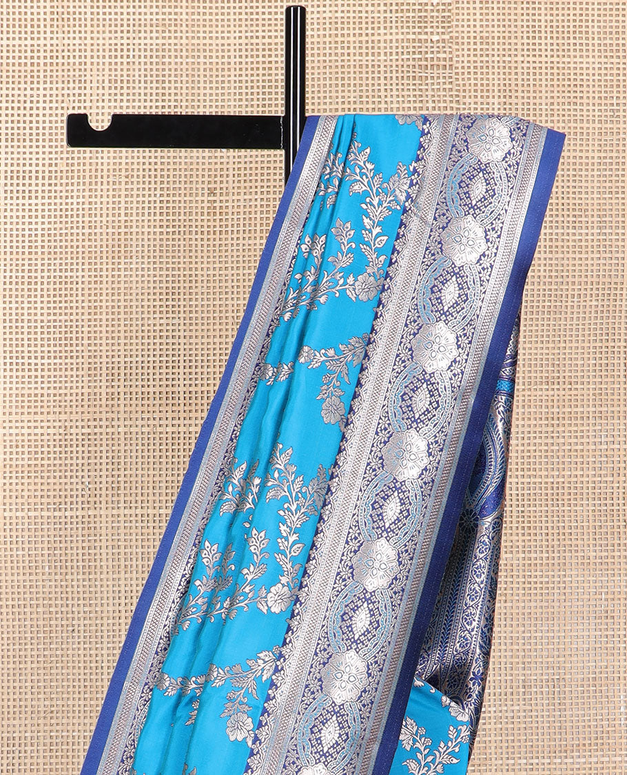 Dark blue floral jaal design butter silk saree with contrast floral zari design border & floral design pallu