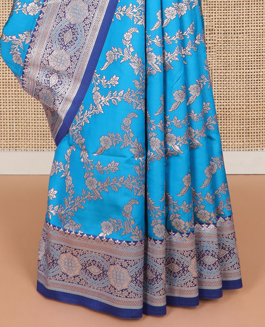 Dark blue floral jaal design butter silk saree with contrast floral zari design border & floral design pallu